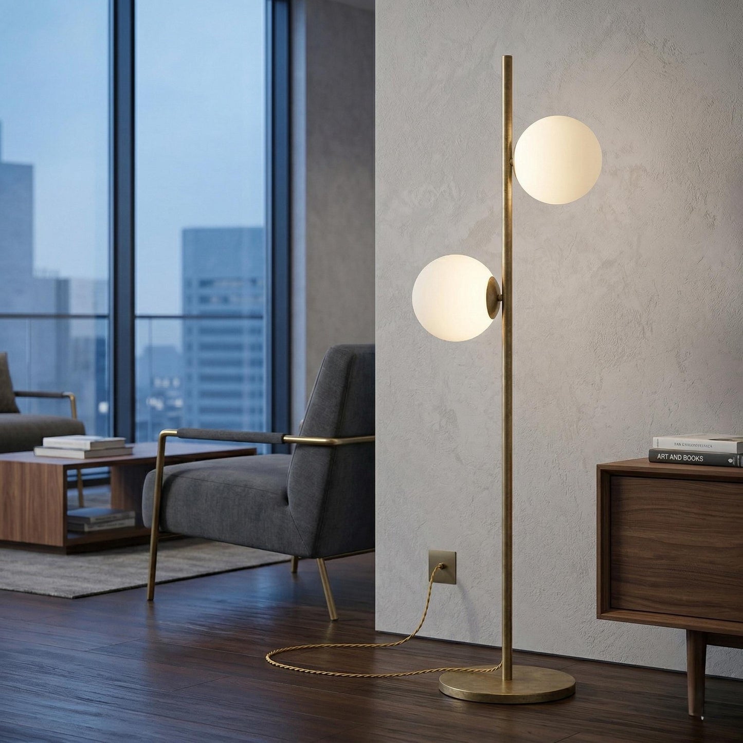 Modern Brass Double Globe Floor Lamp | Mid Century Opal Glass Standing Light
