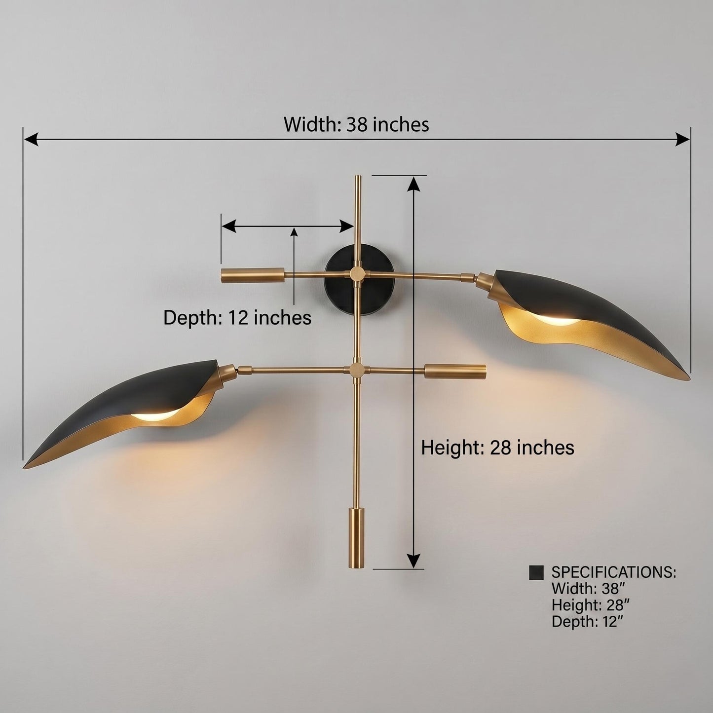 Luxury Brass Wall Sconce – 38 inches Sculptural Light, Black Metal Shades, Mid Century Fixture