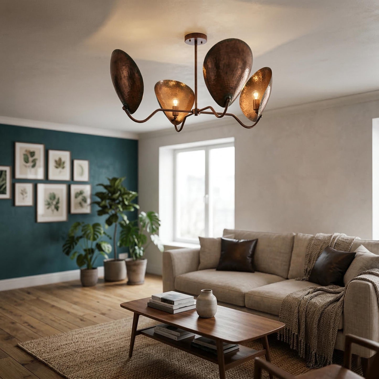 Mid Century Modern Lily Chandelier – Brass Petal Ceiling Light, 4-Light Sculptural Fixture 38” Wide)