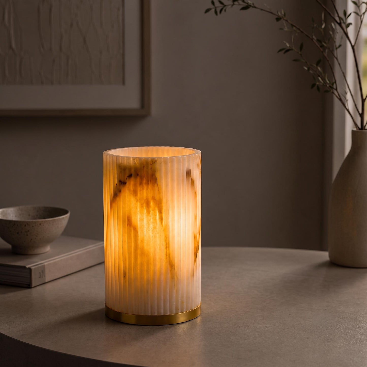 Modern Alabaster Table Lamp, Marble Effect Bedside Lamp, Ribbed Stone Accent Light, Brass Base, Minimal Home Decor