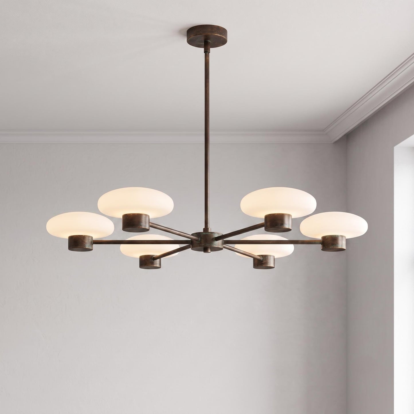 Modern Brass Sputnik Chandelier, 6 Light Opal Glass Ceiling Light, Mid Century Pendant, Dining Room Kitchen Island Lighting