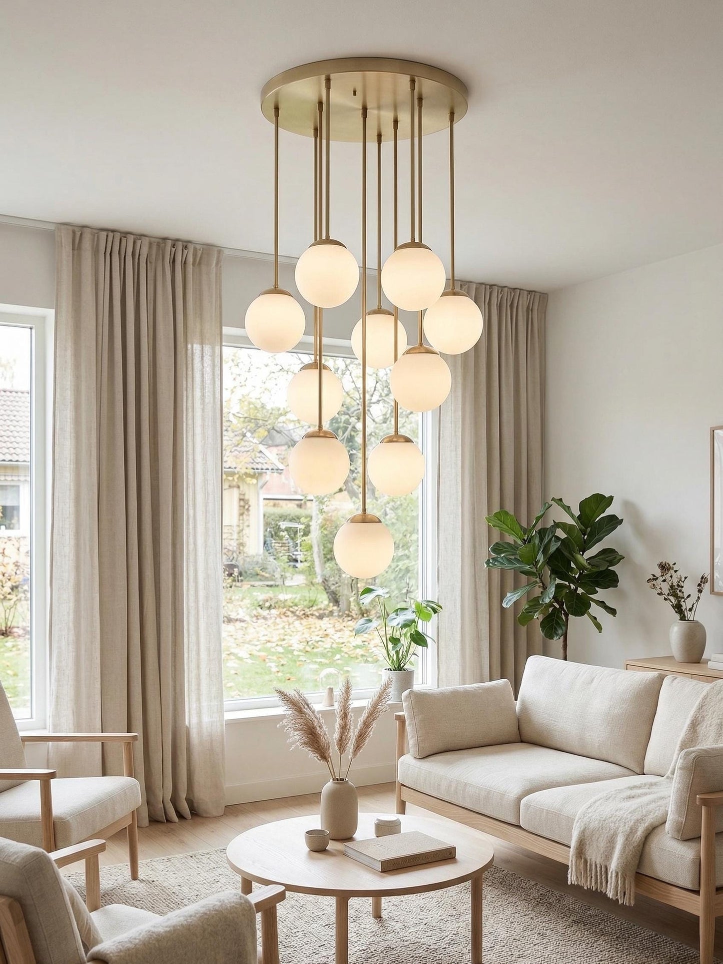 Large Brass Cluster Chandelier | Multi Globe Pendant Light, Staircase Lighting Fixture