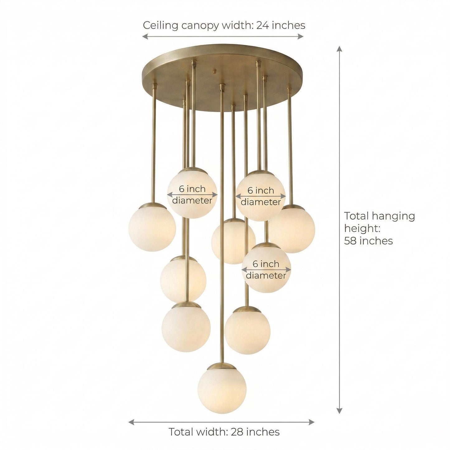 Large Brass Cluster Chandelier | Multi Globe Pendant Light, Staircase Lighting Fixture