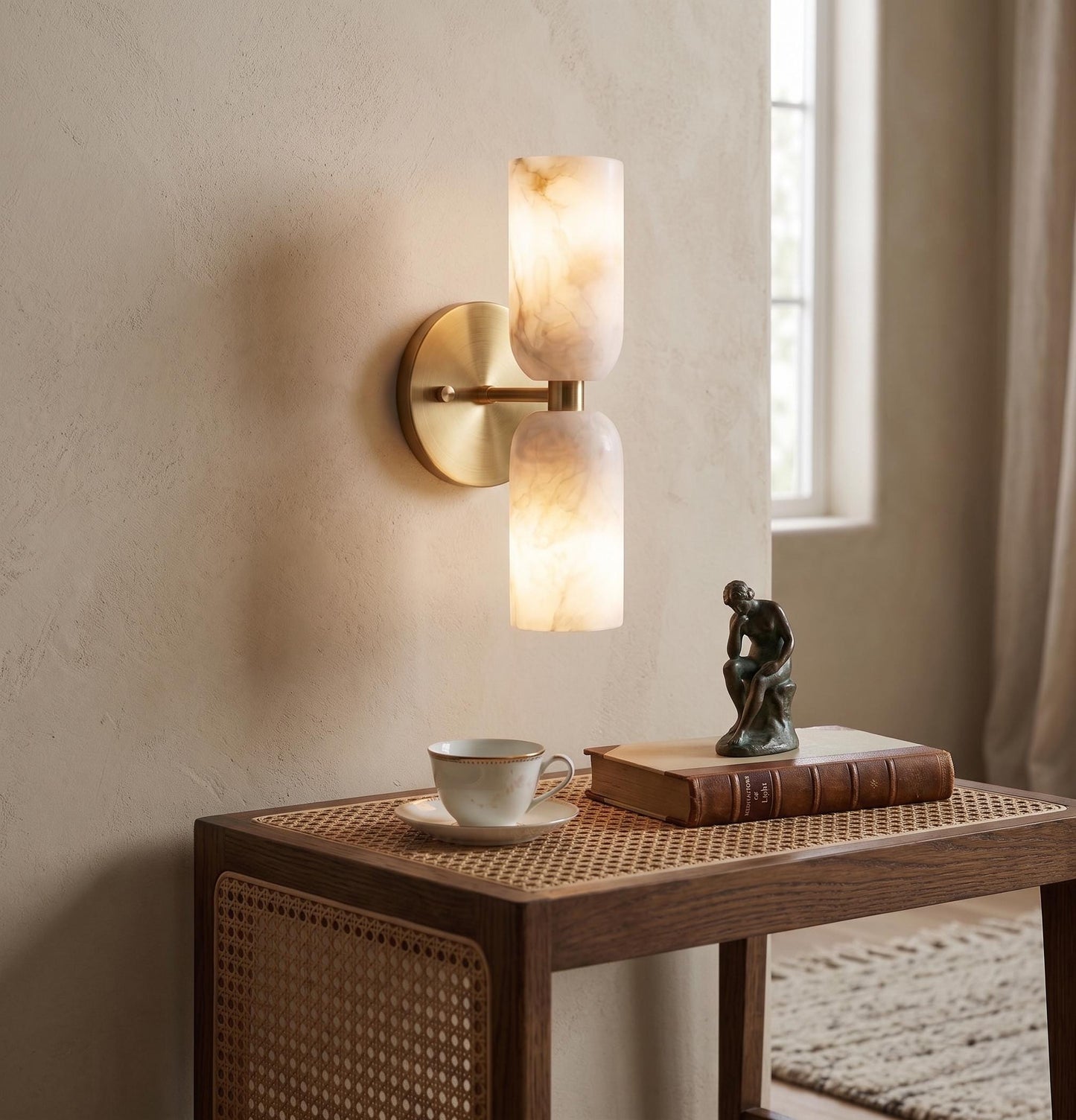 Alabaster Stone Double Cylinder Marble Sconce – Solid Brass Wall Light, Alabaster Shade Lamp