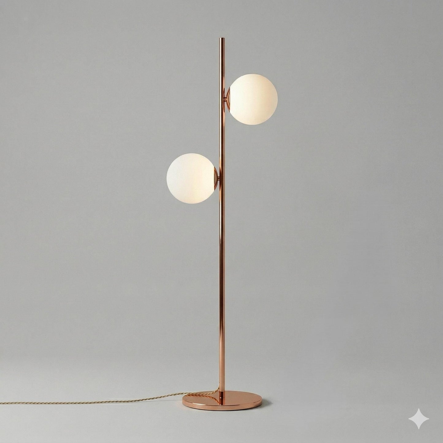 Modern Brass Double Globe Floor Lamp | Mid Century Opal Glass Standing Light