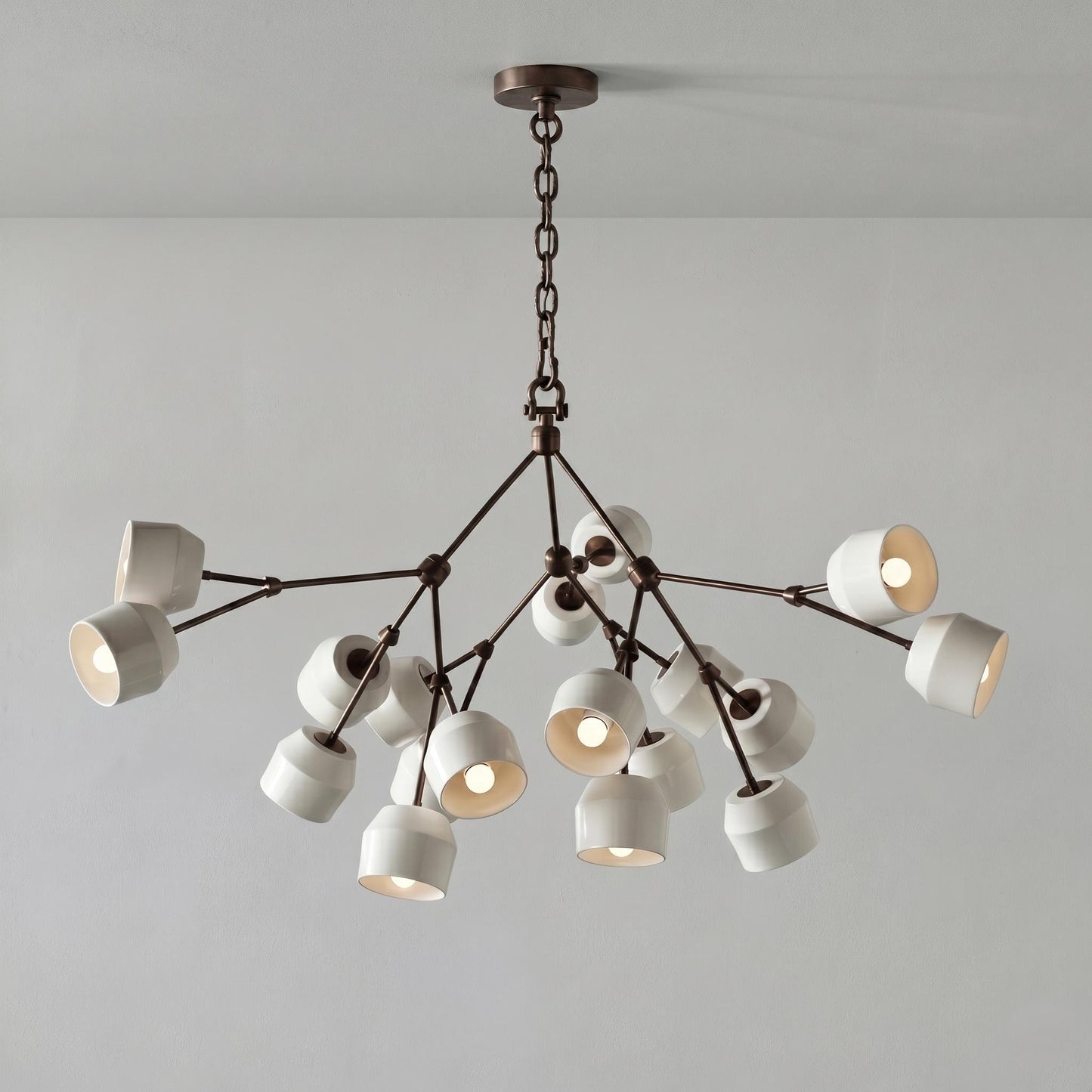 Architectural Large Branching Chandelier, Ceramic Bell Shade Pendant, Mid-Century Modern Dining Lighting