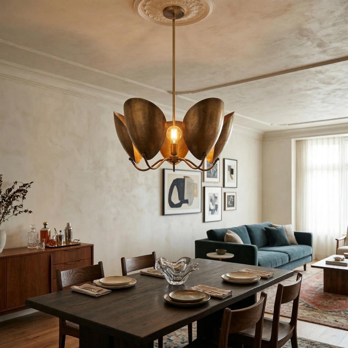Handcrafted Brass Petal Chandelier – Sculptural Gold Ceiling Light, Mid Century Modern Fixture
