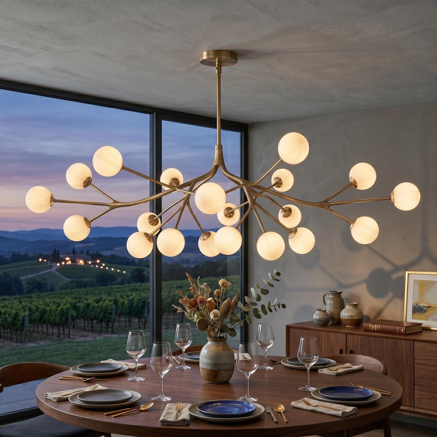 Luxury Brass Branch Chandelier – 20 Light Mid Century Opal Glass Fixture, Modern Statement Light