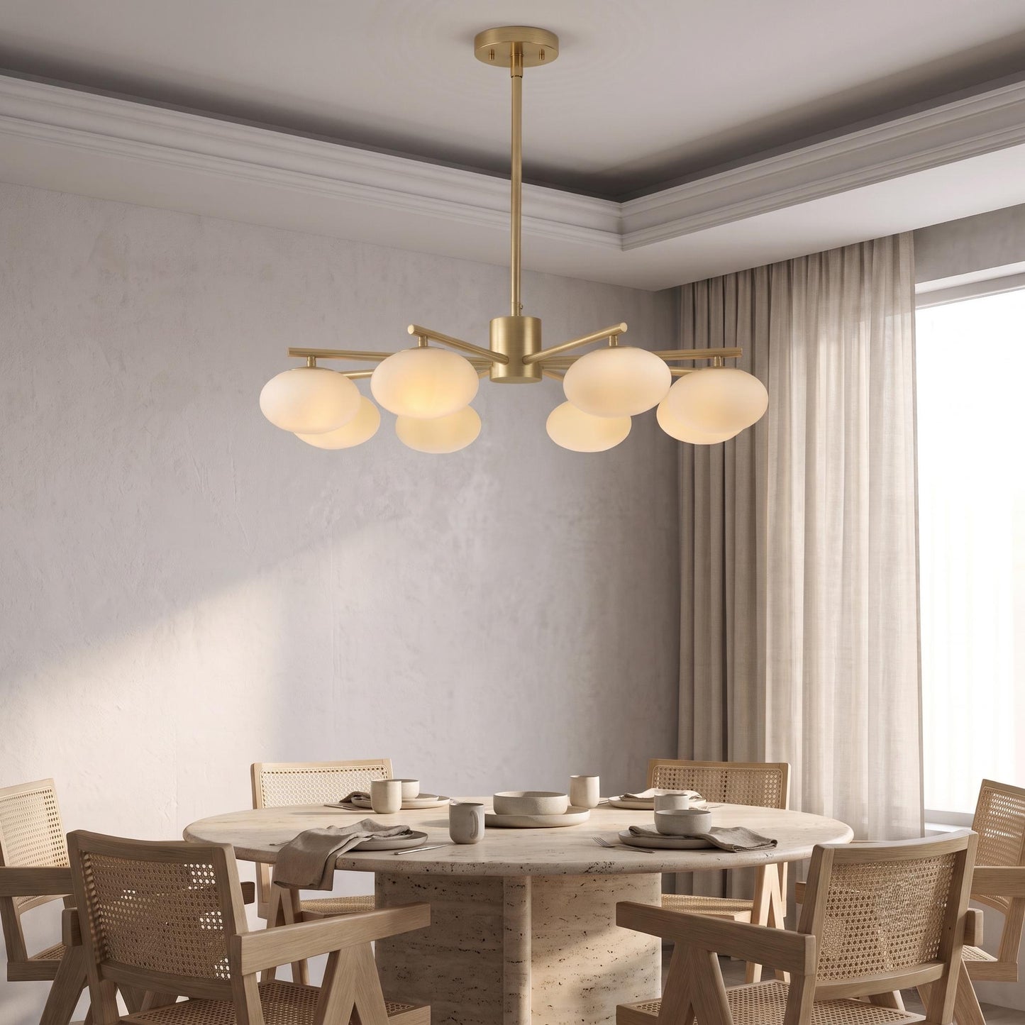 Brass Globe Chandelier, 8 Light Opal Glass Chandelier, Mid Century Ceiling Light, Dining Room Kitchen Island Fixture