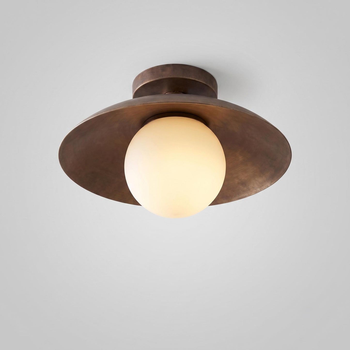 Modern Brass Flush Mount Ceiling Light, Opal Glass Globe Light, Mid Century Ceiling Fixture, Minimalist Brass Hallway Light
