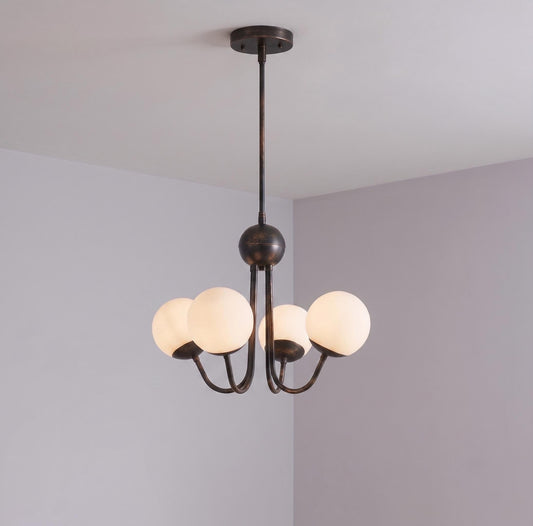 Modern Brass 4 Light Opal Glass Pendant, Mid Century Brass Chandelier, Contemporary Ceiling Light, Dining Room Fixture
