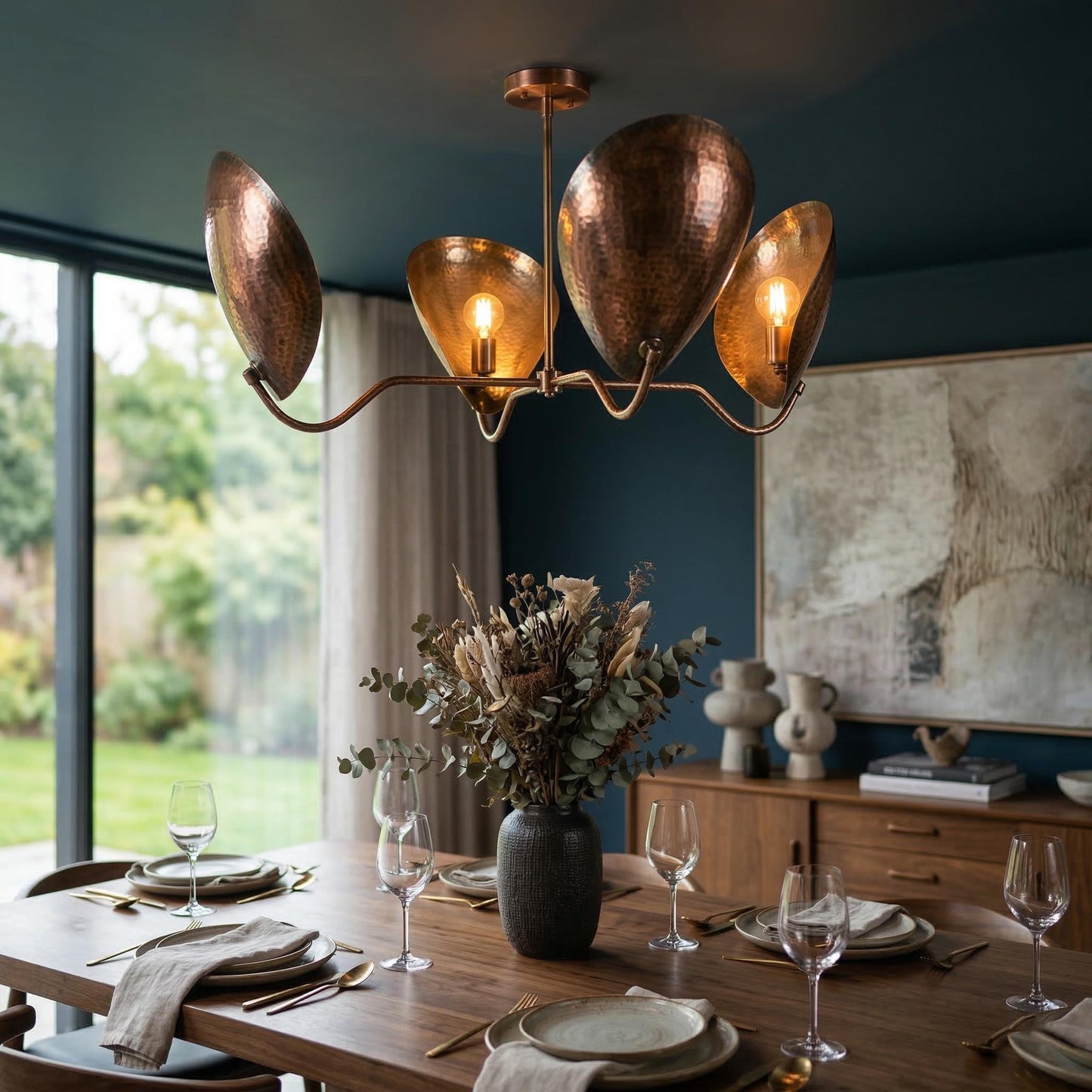 Mid Century Modern Lily Chandelier – Brass Petal Ceiling Light, 4-Light Sculptural Fixture 38” Wide)