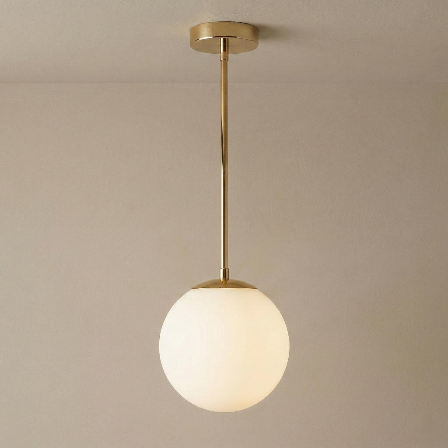 Brass Globe Pendant Light, 6 Inch Opal Glass, Minimal Hanging Lamp, Custom Length