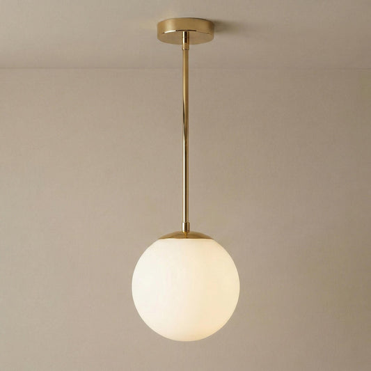 Brass Globe Pendant Light, 6 Inch Opal Glass, Minimal Hanging Lamp, Custom Length