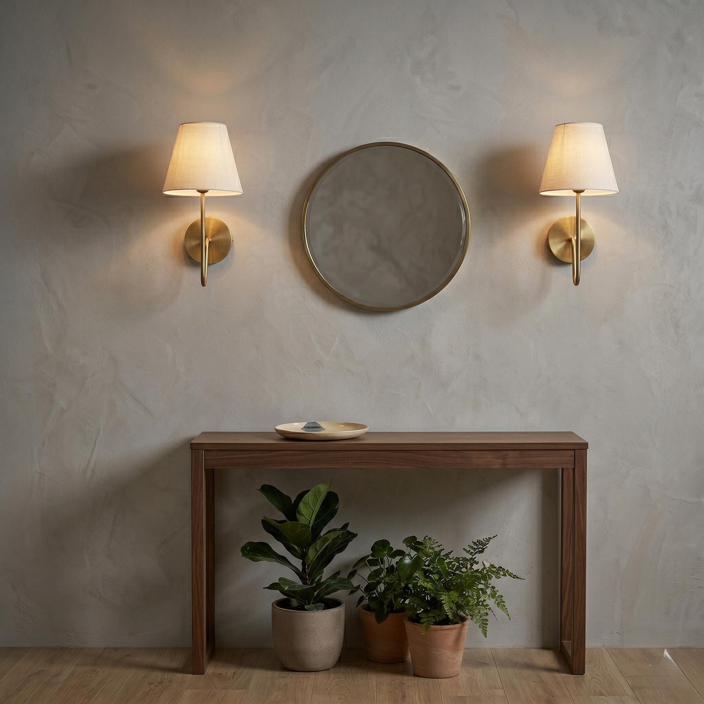 Modern Brass Wall Sconce – Minimalist Fabric Shade Bedside Lamp
