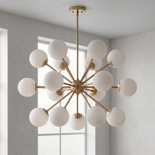 Sputnik Chandelier, 17 Light Globe Chandelier, Mid Century Modern Lighting, Glass Globe Pendant, Modern Brass Chandelier, Ceiling Light