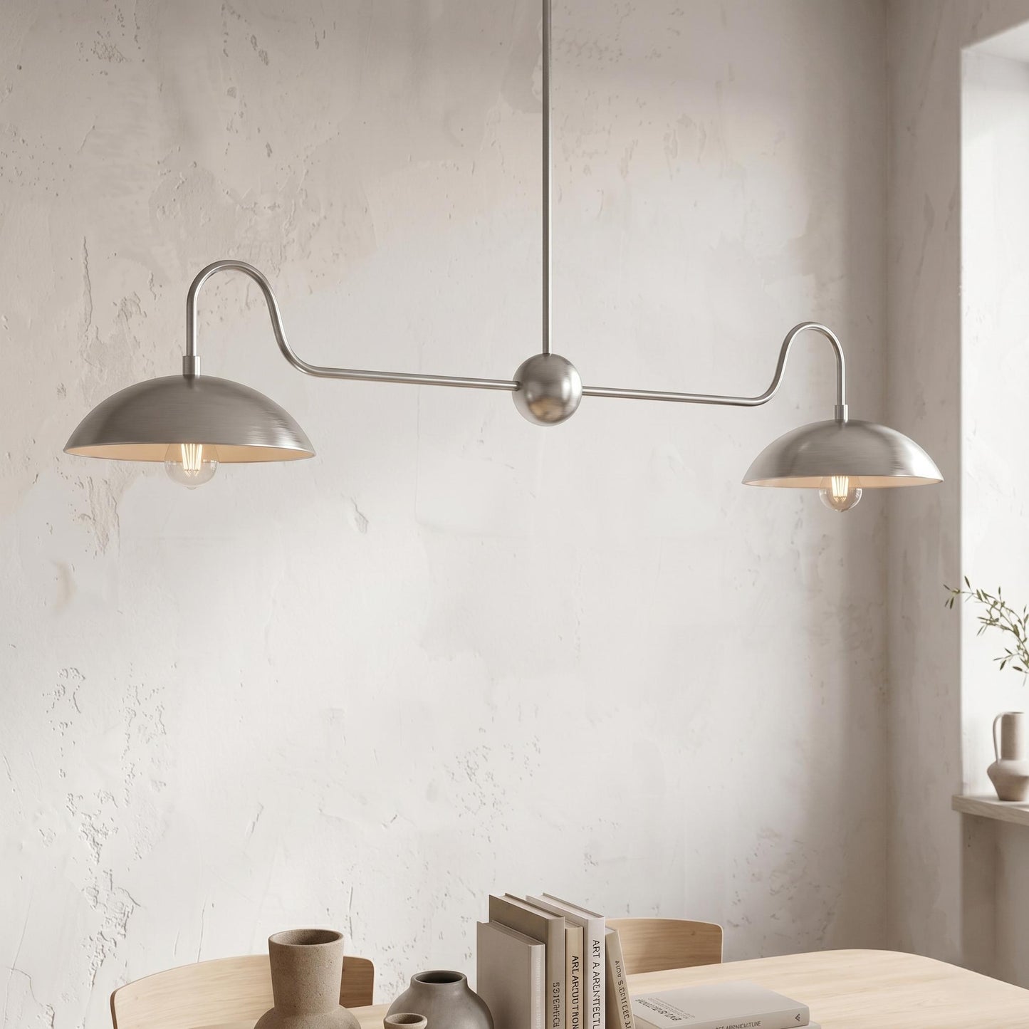 Solid Brass Linear Chandelier – Double Dome Pendant Light, Mid-Century Kitchen Island Fixture
