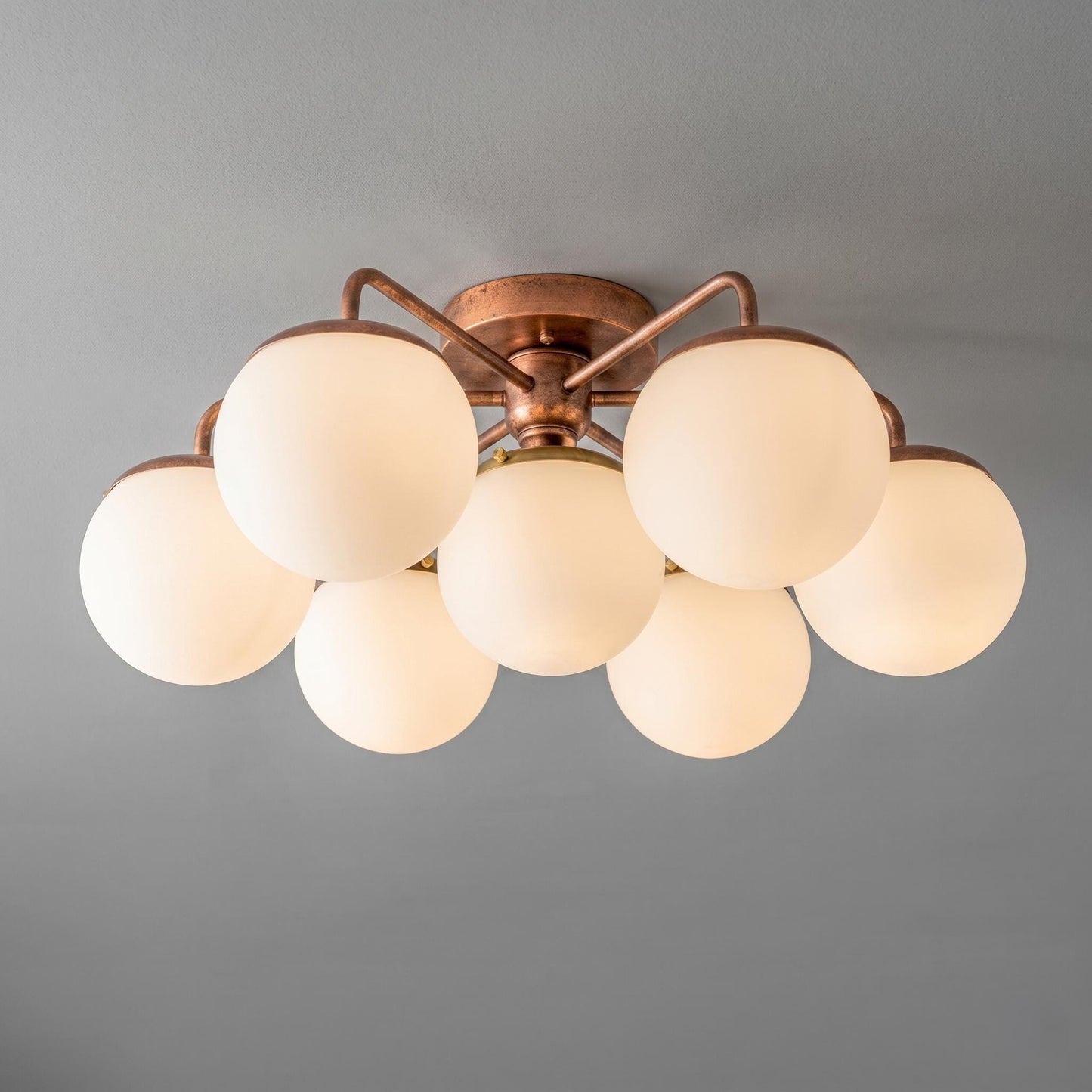 Modern Brass Globe Chandelier, 7 Light Ceiling Fixture, White Glass Orb Chandelier, Mid Century Modern Lighting, Dining Room Light