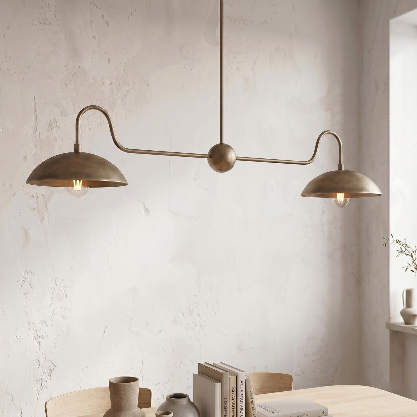 Solid Brass Linear Chandelier – Double Dome Pendant Light, Mid-Century Kitchen Island Fixture