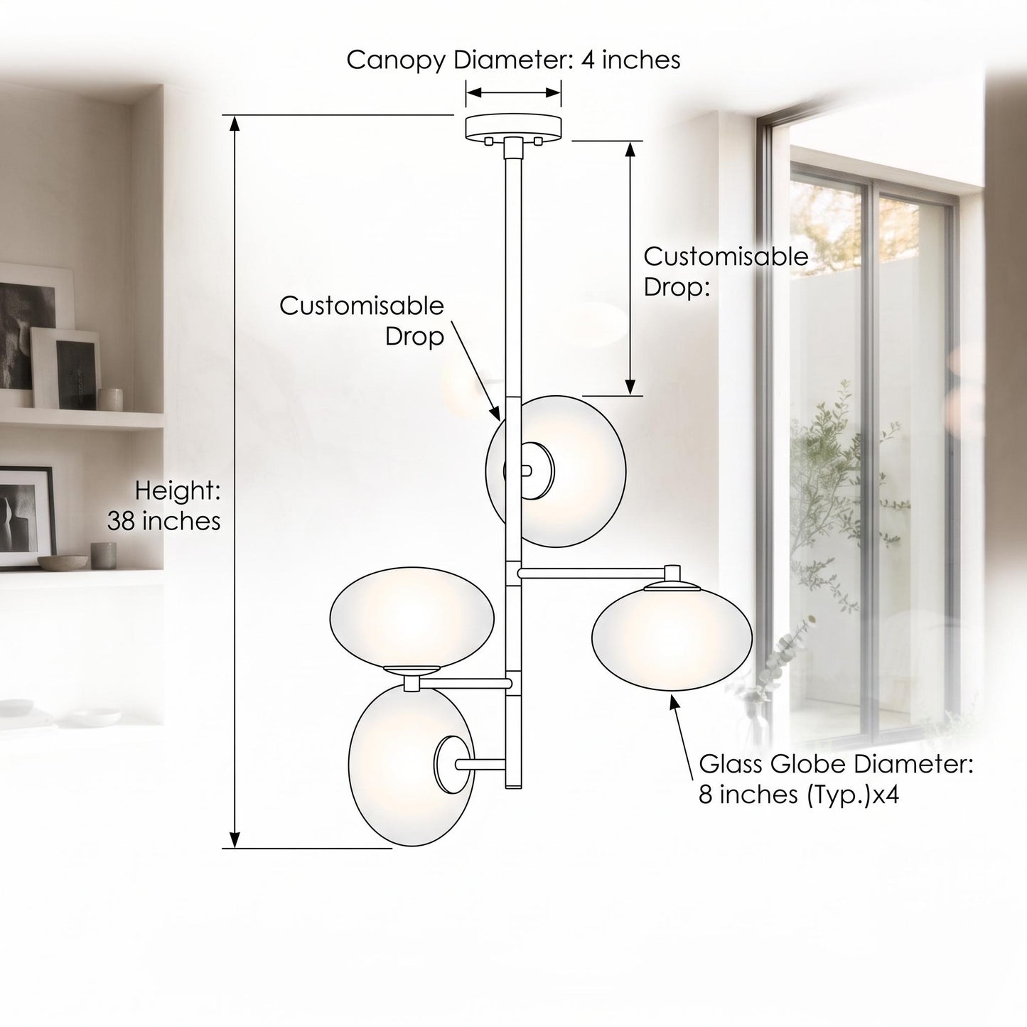 Modern Brass Opal Glass Chandelier, 4 Light Globe Pendant, Mid Century Ceiling Light, Contemporary Dining Room Fixture