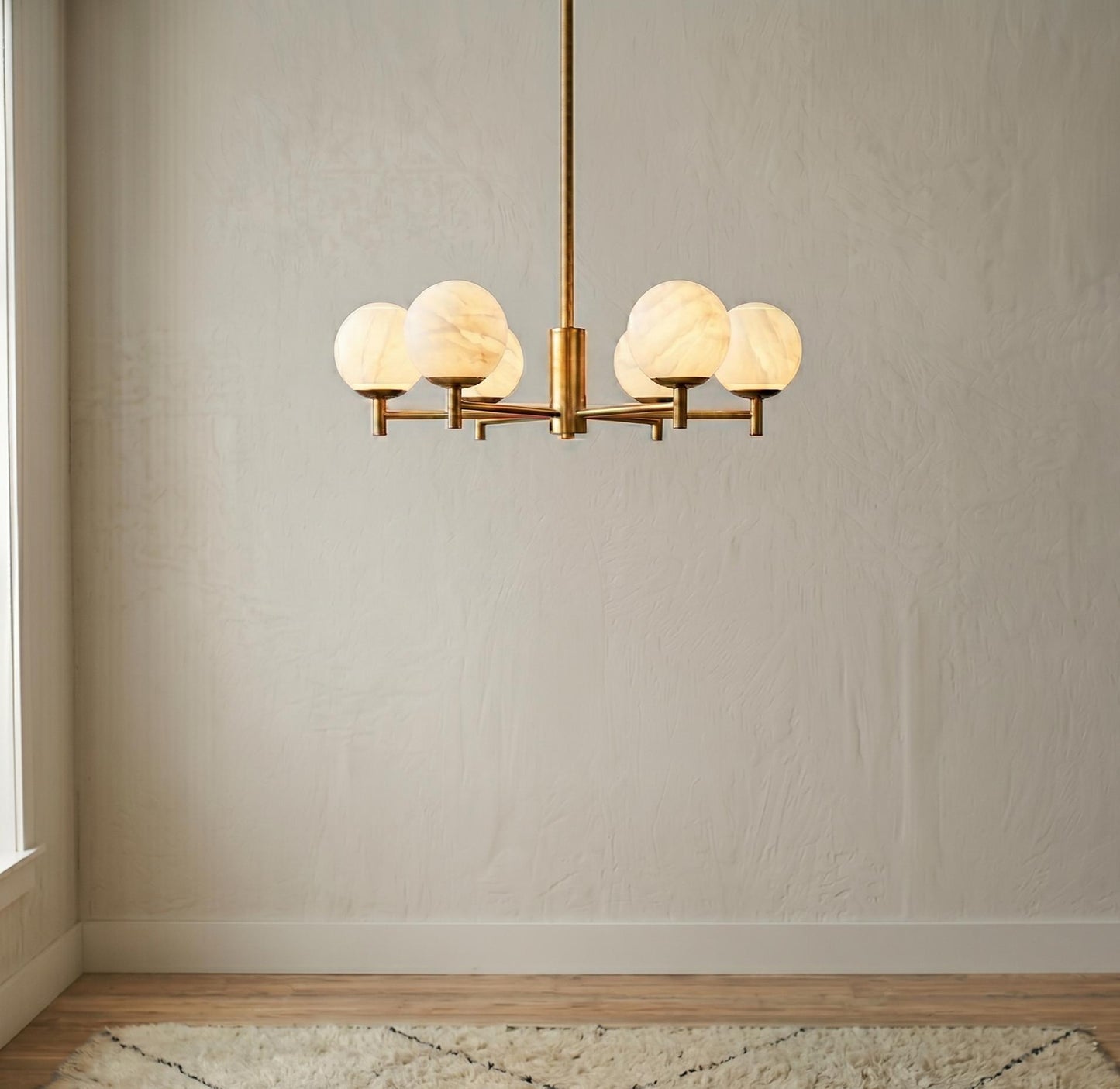 Alabaster Globe Chandelier, 6 Light Brass Ceiling Fixture, Modern Dining Room Lighting, Luxury Stone Chandelier