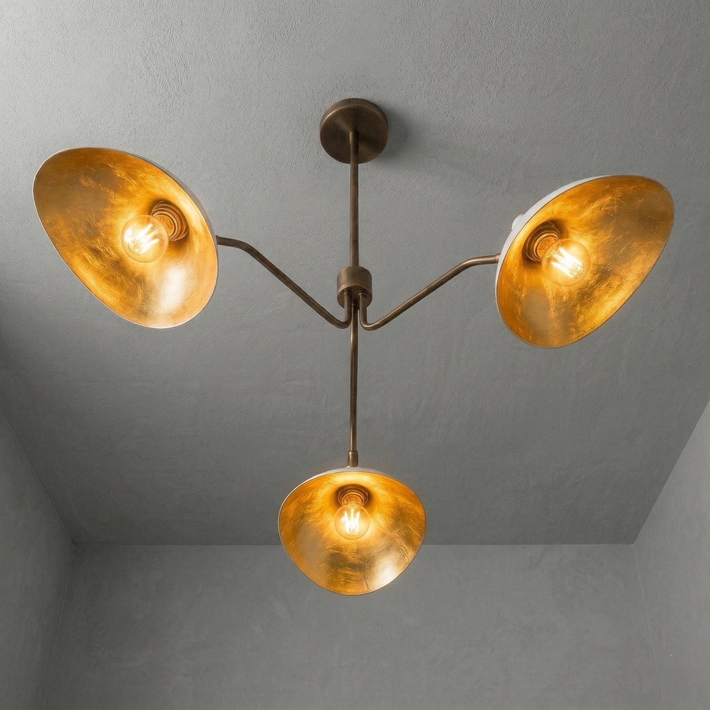 Mid Century Modern Brass 3-Arm Chandelier – Sculptural Pendant Lighting Fixture – 45" Wide Lamp