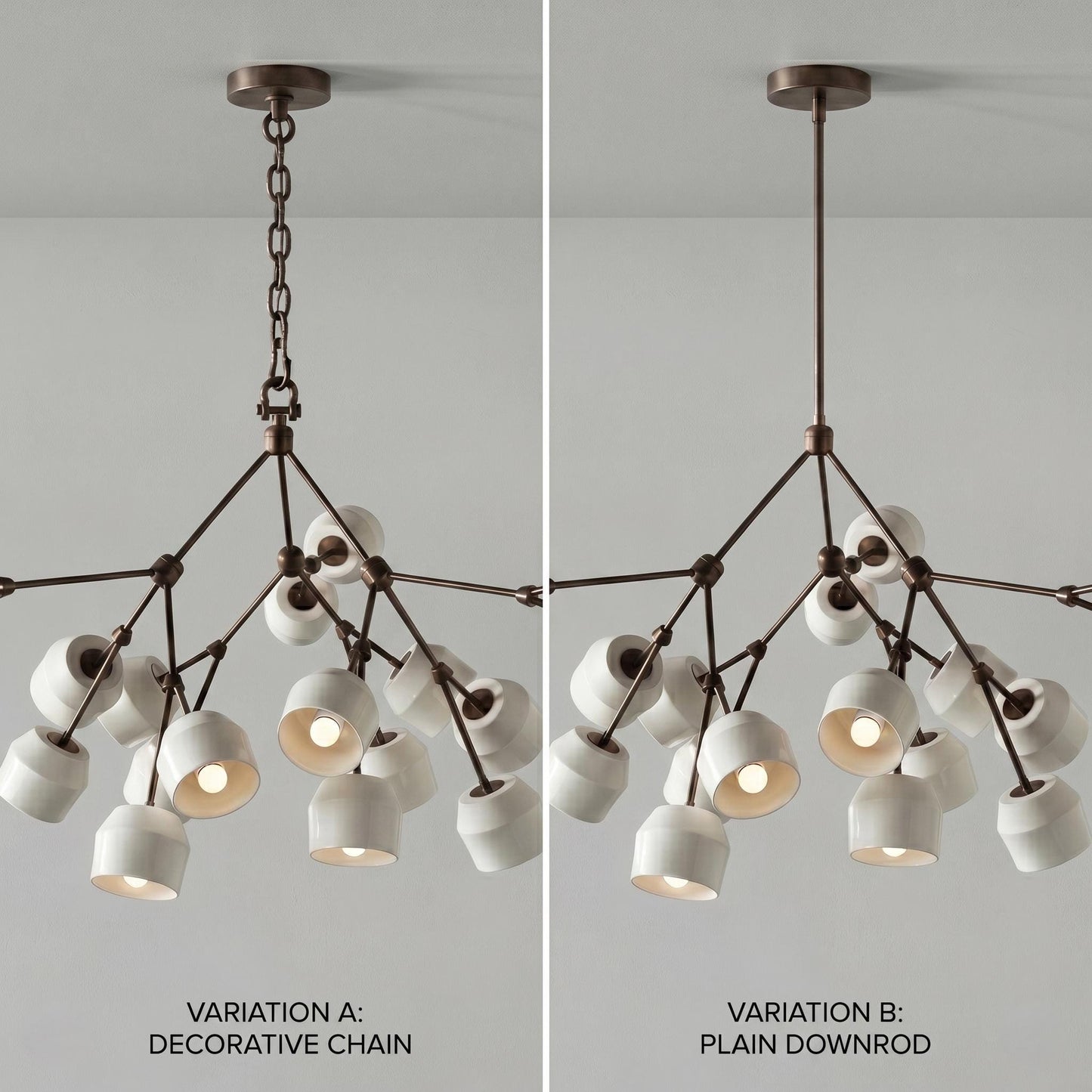 Architectural Large Branching Chandelier, Ceramic Bell Shade Pendant, Mid-Century Modern Dining Lighting