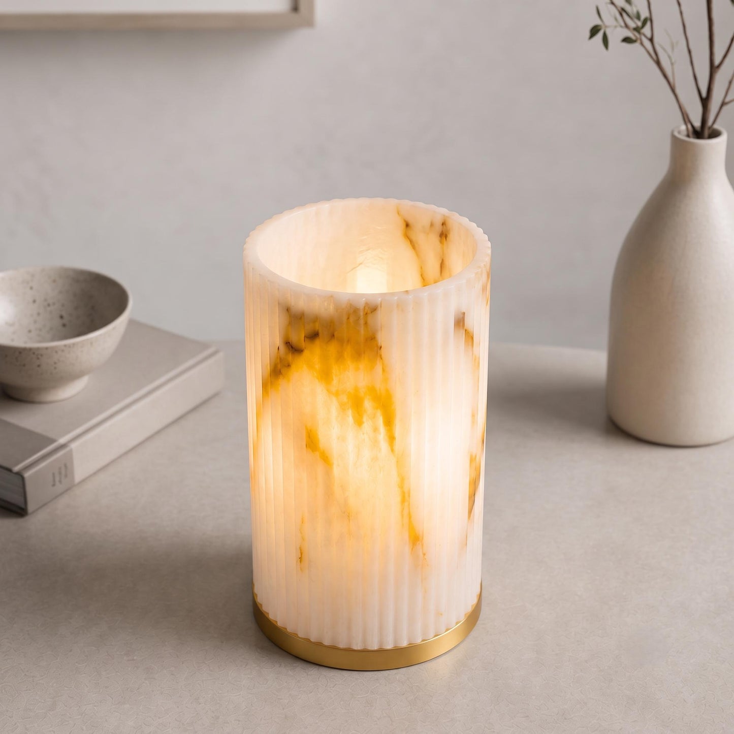 Modern Alabaster Table Lamp, Marble Effect Bedside Lamp, Ribbed Stone Accent Light, Brass Base, Minimal Home Decor