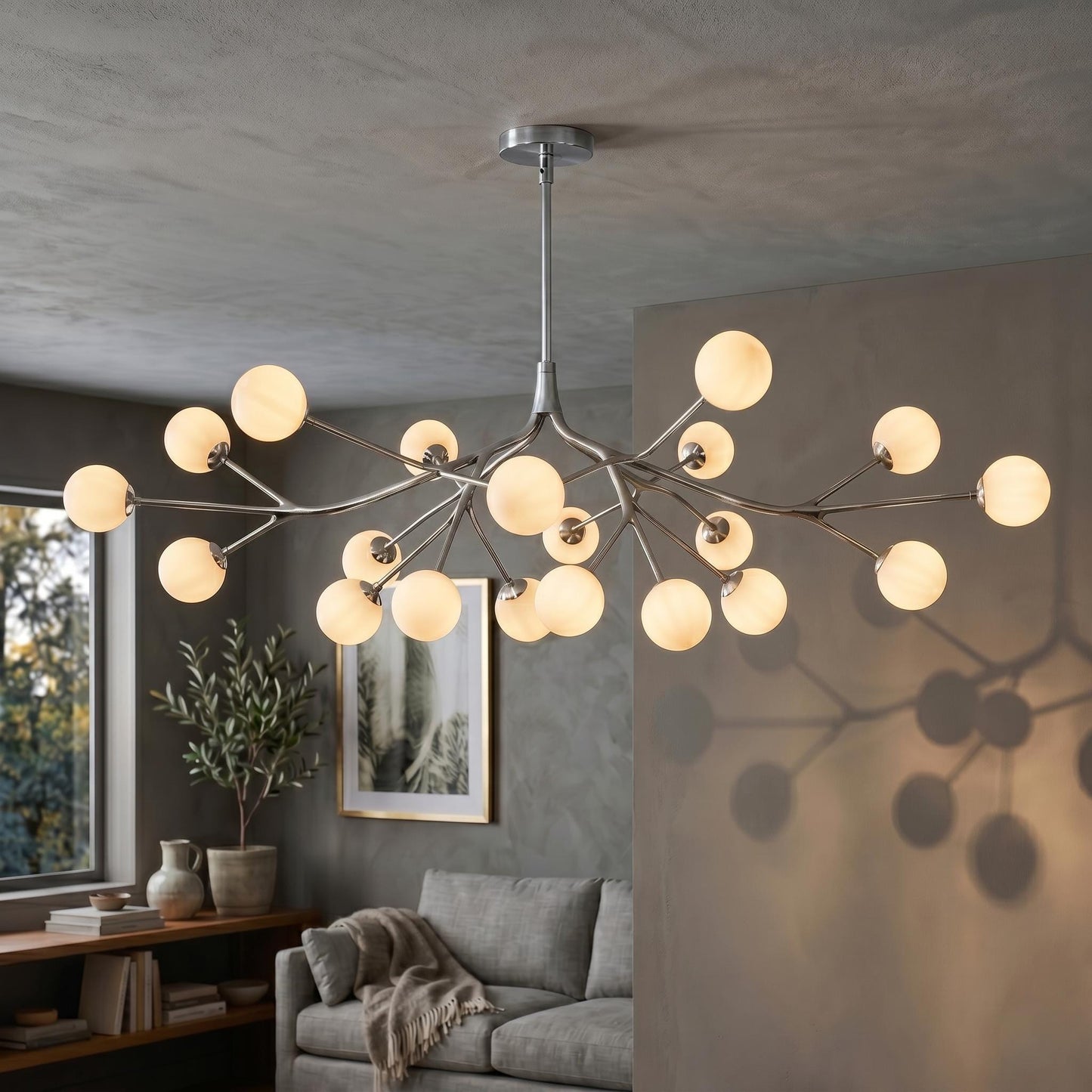 Luxury Brass Branch Chandelier – 20 Light Mid Century Opal Glass Fixture, Modern Statement Light