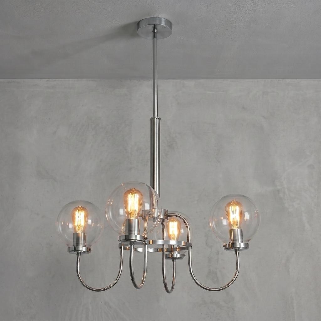 4 Light Globe Chandelier, Brass Ceiling Light, Modern Glass Globe Pendant, Vintage Chandelier, Dining Room Lighting, Mid Century Fixture