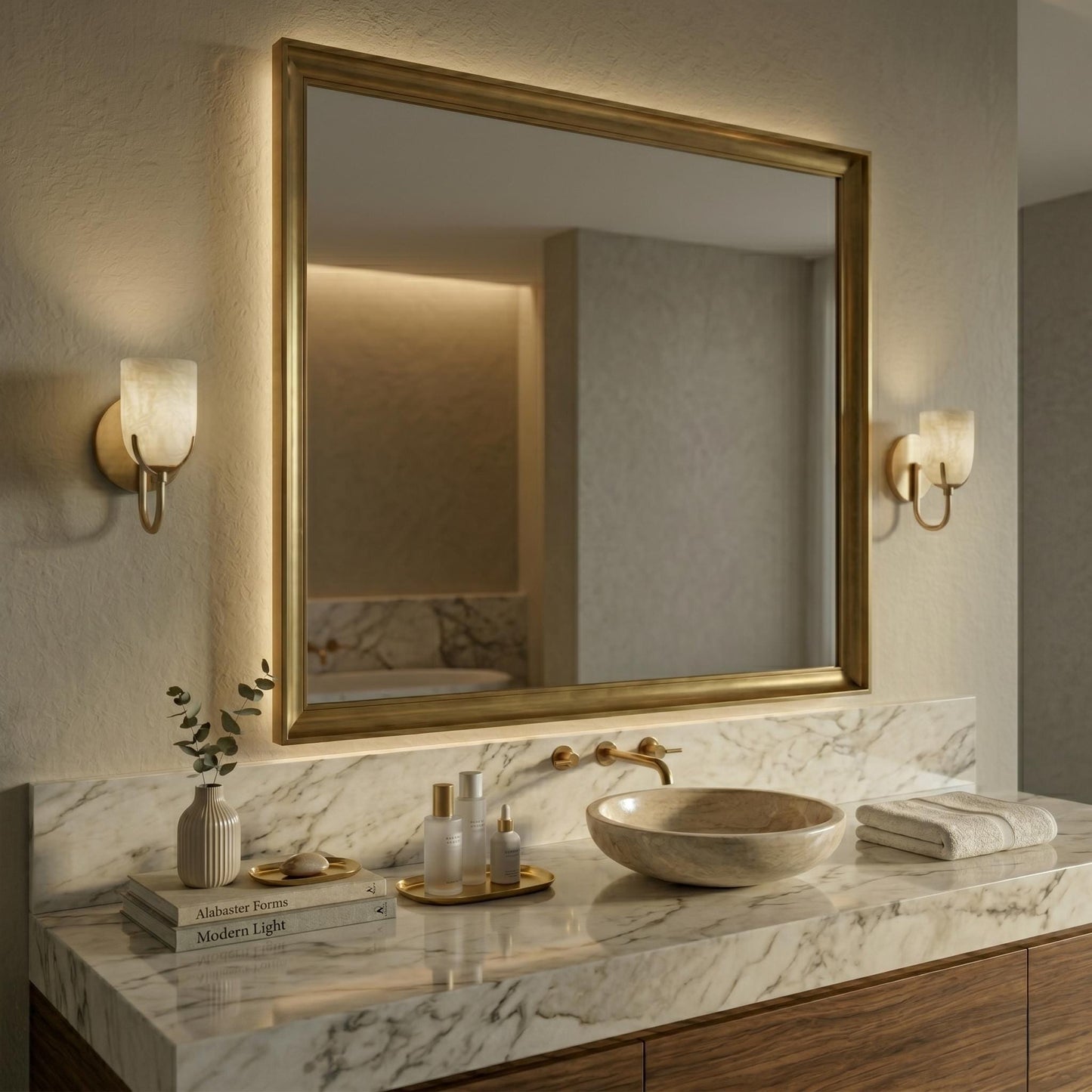 Alabaster Wall Sconce, Brass Wall Lamp, Modern Wall Light, Natural Stone Sconce, Bathroom Vanity Light, Luxury Bedroom Lighting Fixture