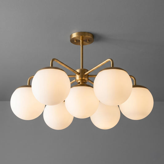 Modern Brass Globe Chandelier, 7 Light Ceiling Fixture, White Glass Orb Chandelier, Mid Century Modern Lighting, Dining Room Light