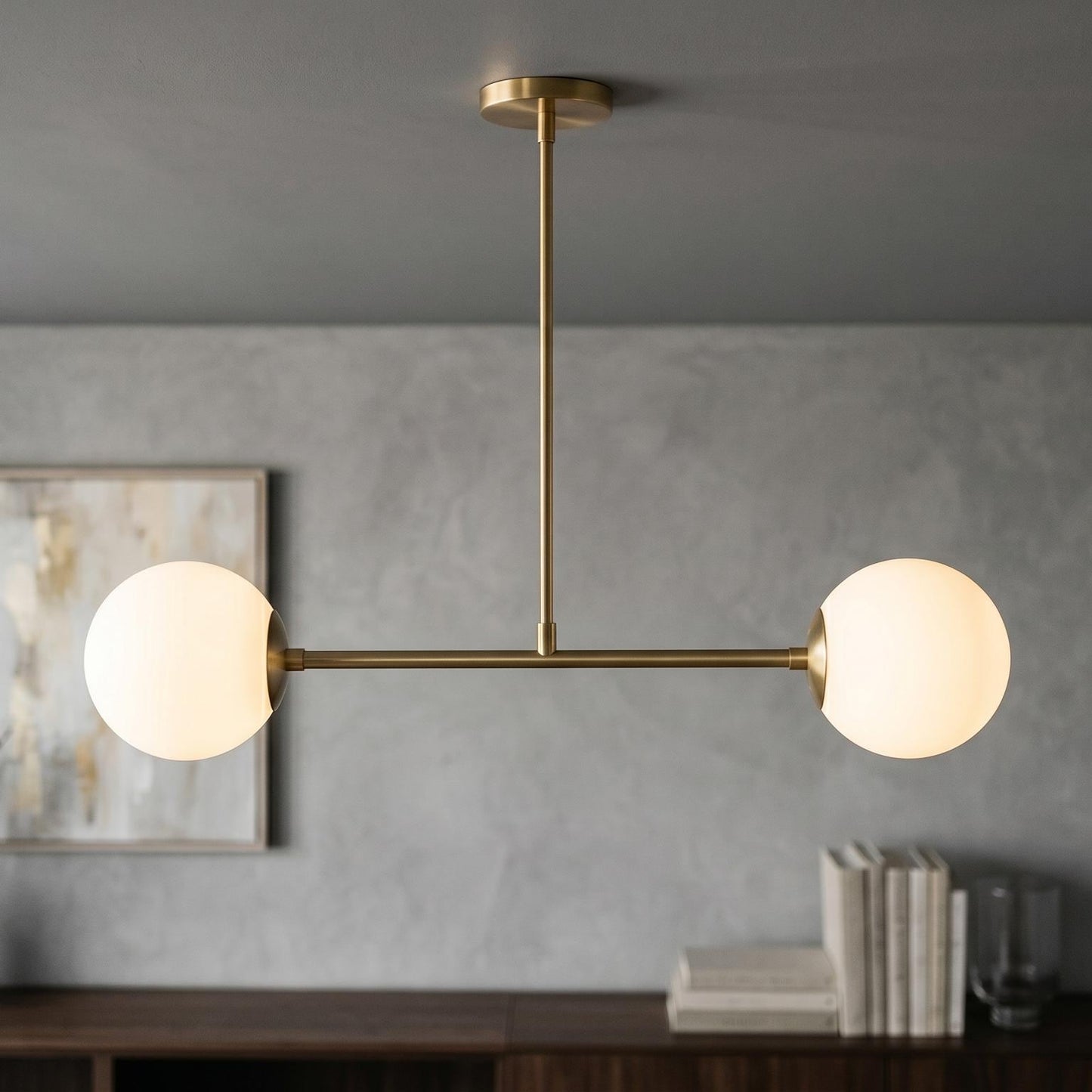 Modern Brass Double Globe Ceiling Light, Mid Century Opal Glass Pendant Lighting