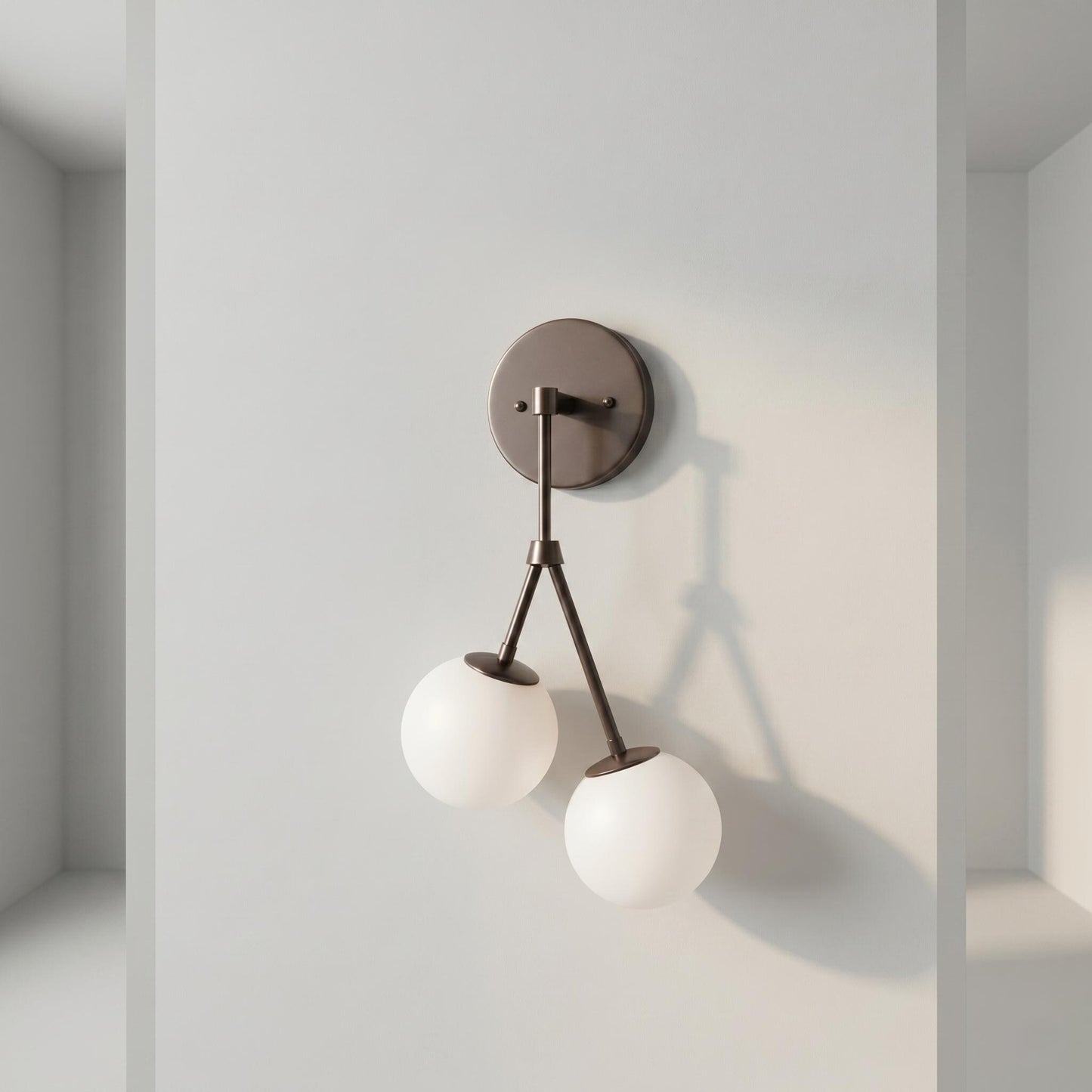 Brass Double Globe Sconce, Mid Century Frosted Glass Wall Light, 5 Inch Globe Fixture