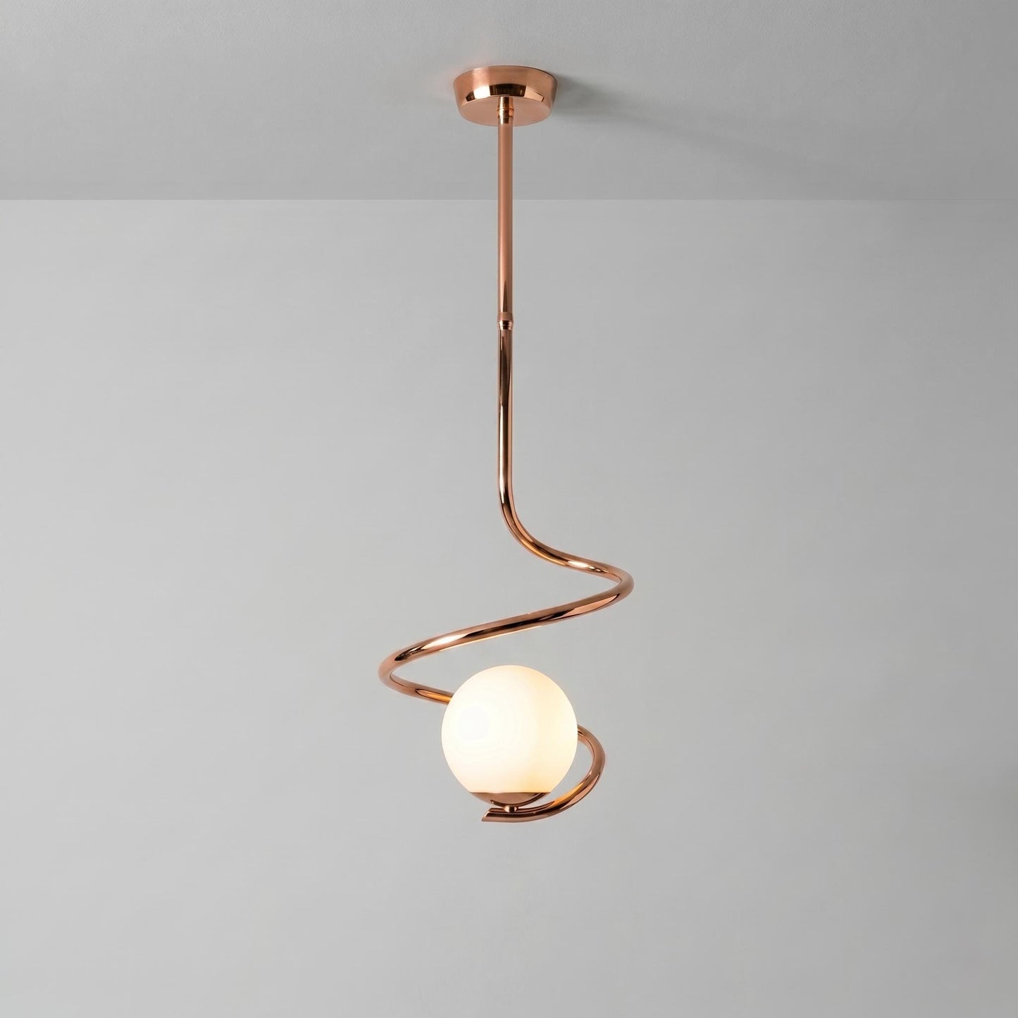 Sculptural Spiral Brass Pendant Light – 6” Opal Globe Chandelier, Minimalist Ceiling Lamp