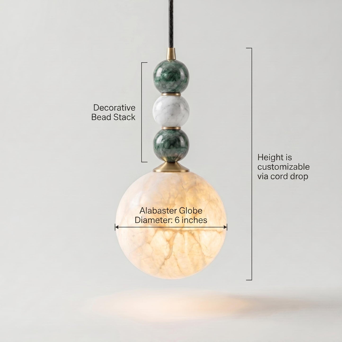 Alabaster Globe Pendant Light, Brass Hanging Lamp, Stone Beaded Pendant, Luxury Kitchen Island Lighting