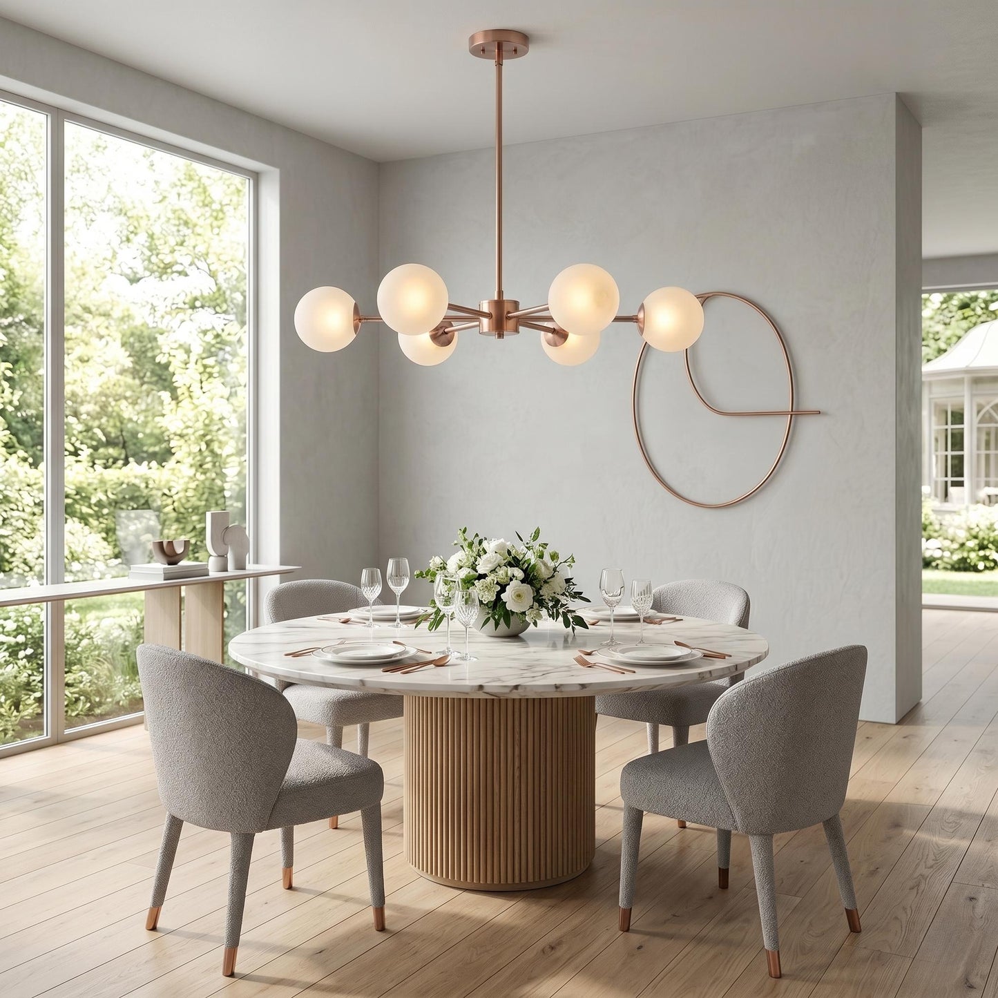 6 Light Globe Chandelier, Modern Brass Chandelier, Mid Century Ceiling Light, Frosted Globe Pendant, Dining Room Lighting