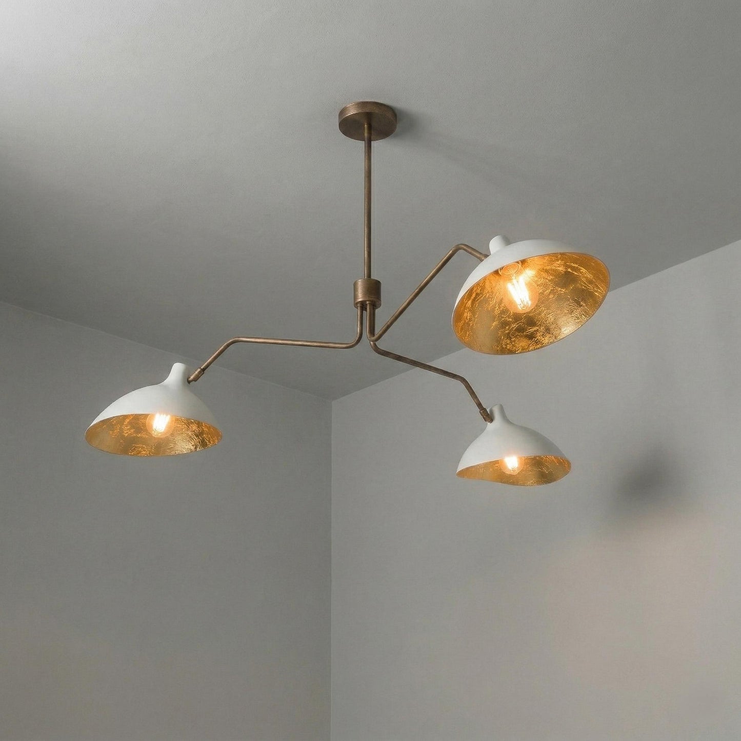 Mid Century Modern Brass 3-Arm Chandelier – Sculptural Pendant Lighting Fixture – 45" Wide Lamp