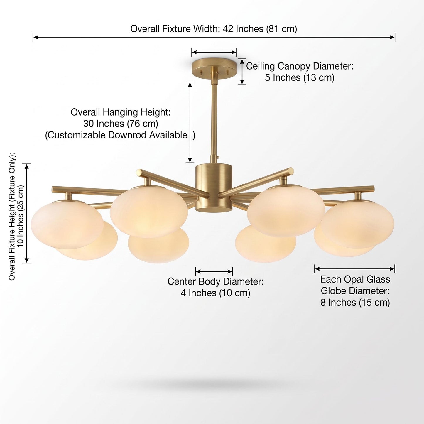 Brass Globe Chandelier, 8 Light Opal Glass Chandelier, Mid Century Ceiling Light, Dining Room Kitchen Island Fixture