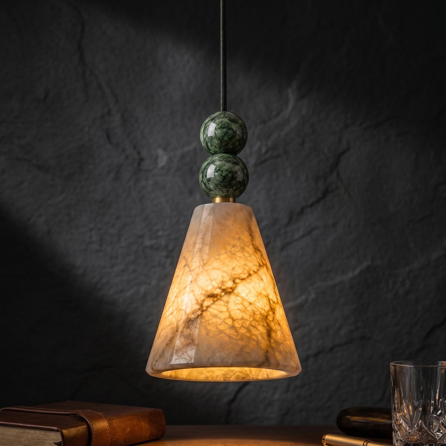 Natural Alabaster Pendant Light, Brass Hanging Lamp, Stone Beaded Pendant, Luxury Kitchen Island Lighting, Custom Fixture