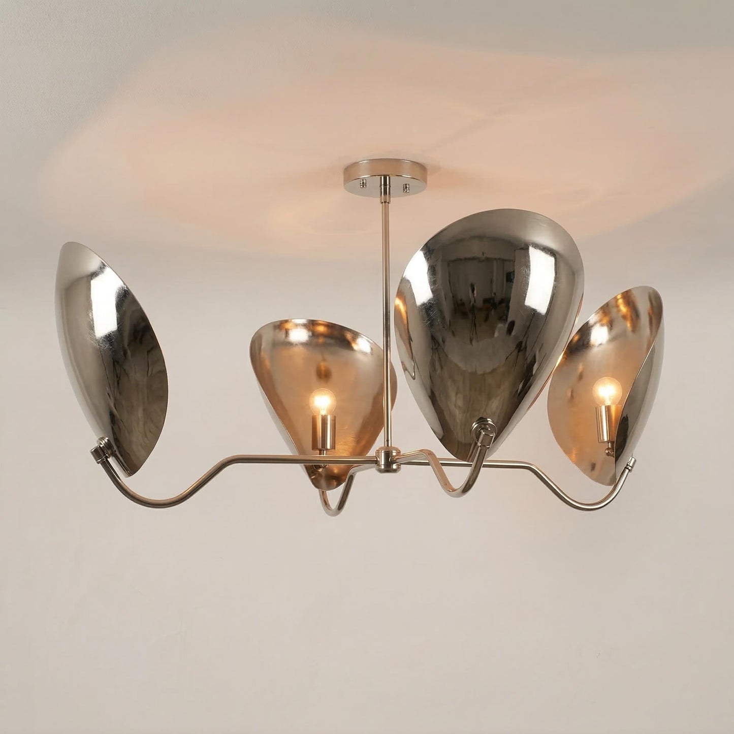 Mid Century Modern Lily Chandelier – Brass Petal Ceiling Light, 4-Light Sculptural Fixture 38” Wide)