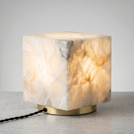 Alabaster Cube Lamp, Stone Table Lamp, Modern Marble Lamp, Luxury Bedside Lamp, Natural Alabaster Accent Light, Minimal Desk Lamp
