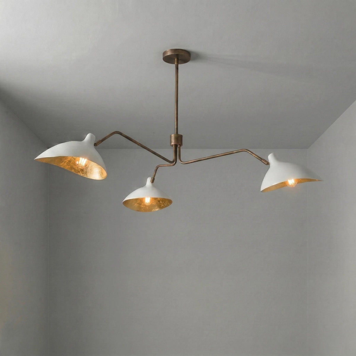 Mid Century Modern Brass 3-Arm Chandelier