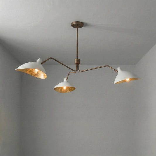 Mid Century Modern Brass 3-Arm Chandelier – Sculptural Pendant Lighting Fixture – 45" Wide Lamp