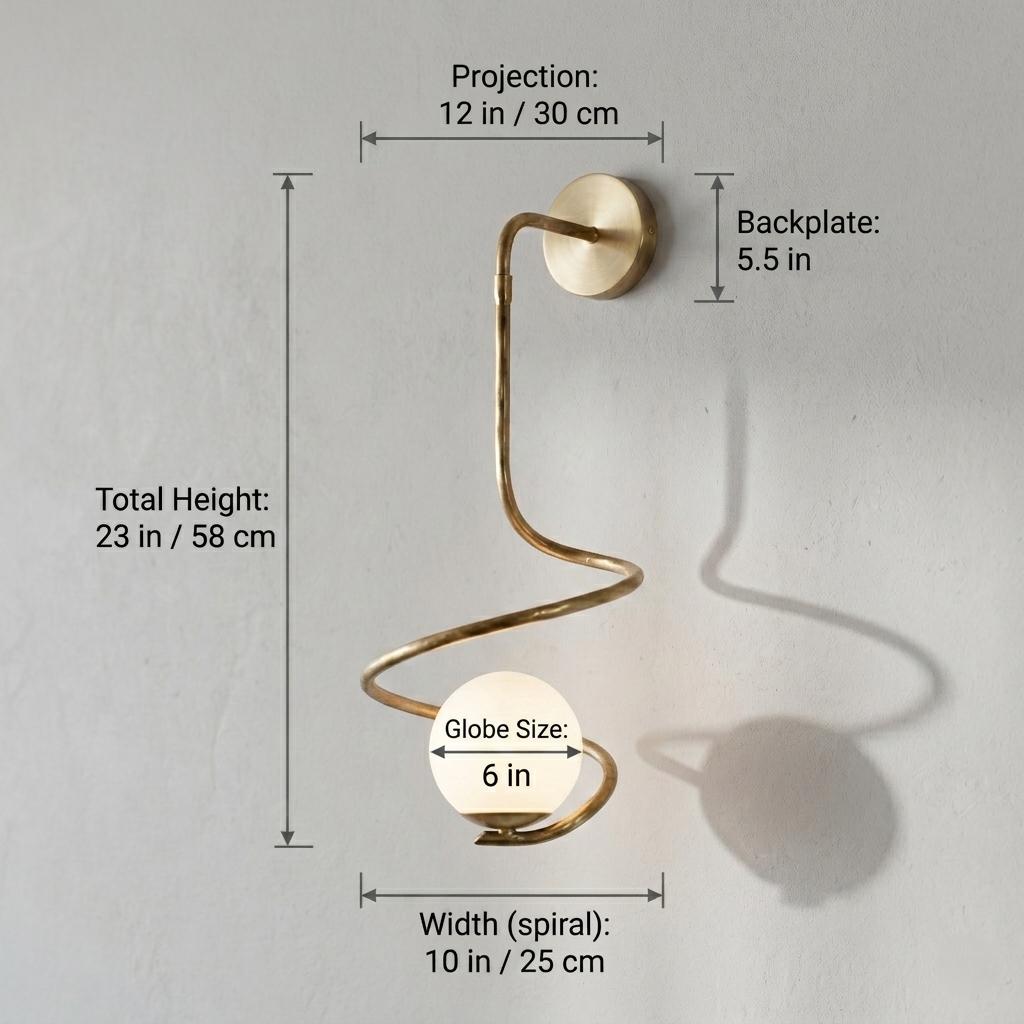 Sculptural Brass Spiral Sconce – Large Modern Opal Glass Globe Lighting Fixture