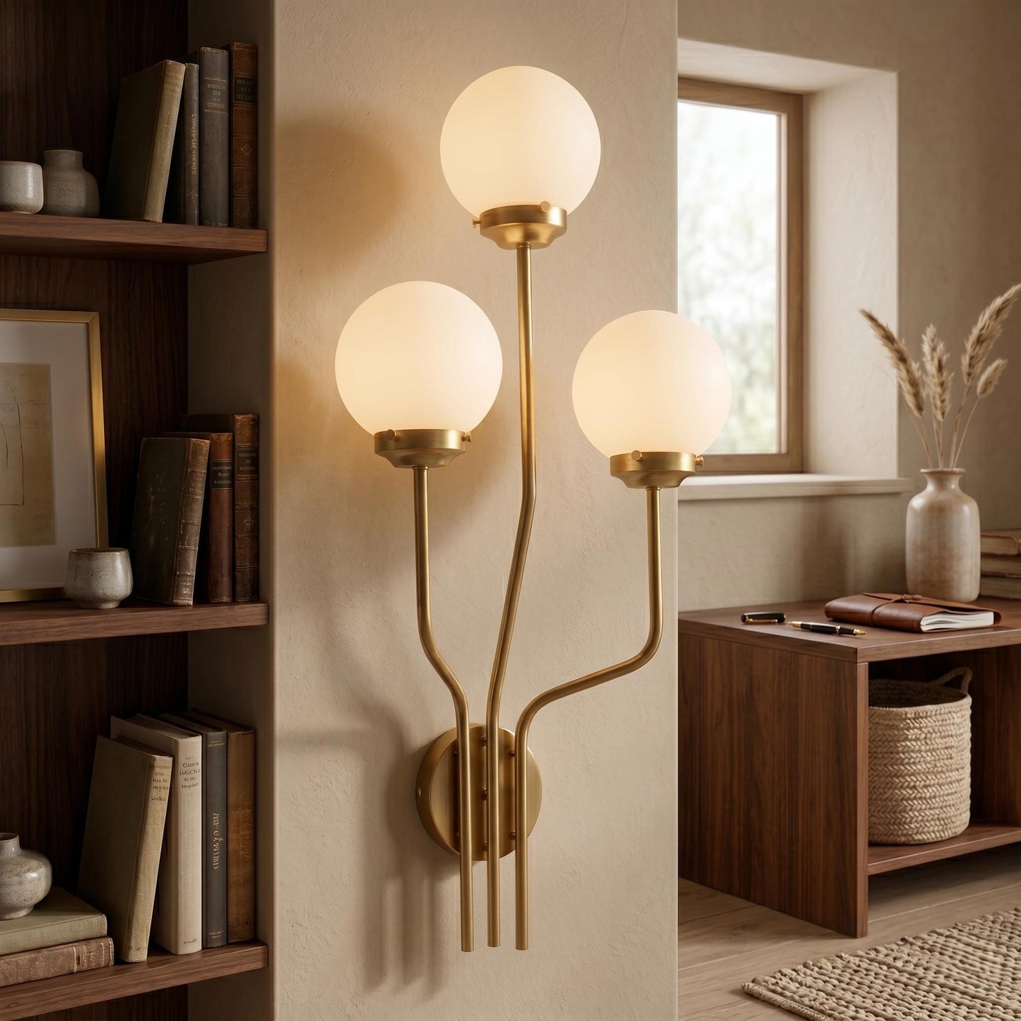 Vertical Brass Sconce – Frosted Glass Globe Wall Lamp – Mid Century Modern Lighting