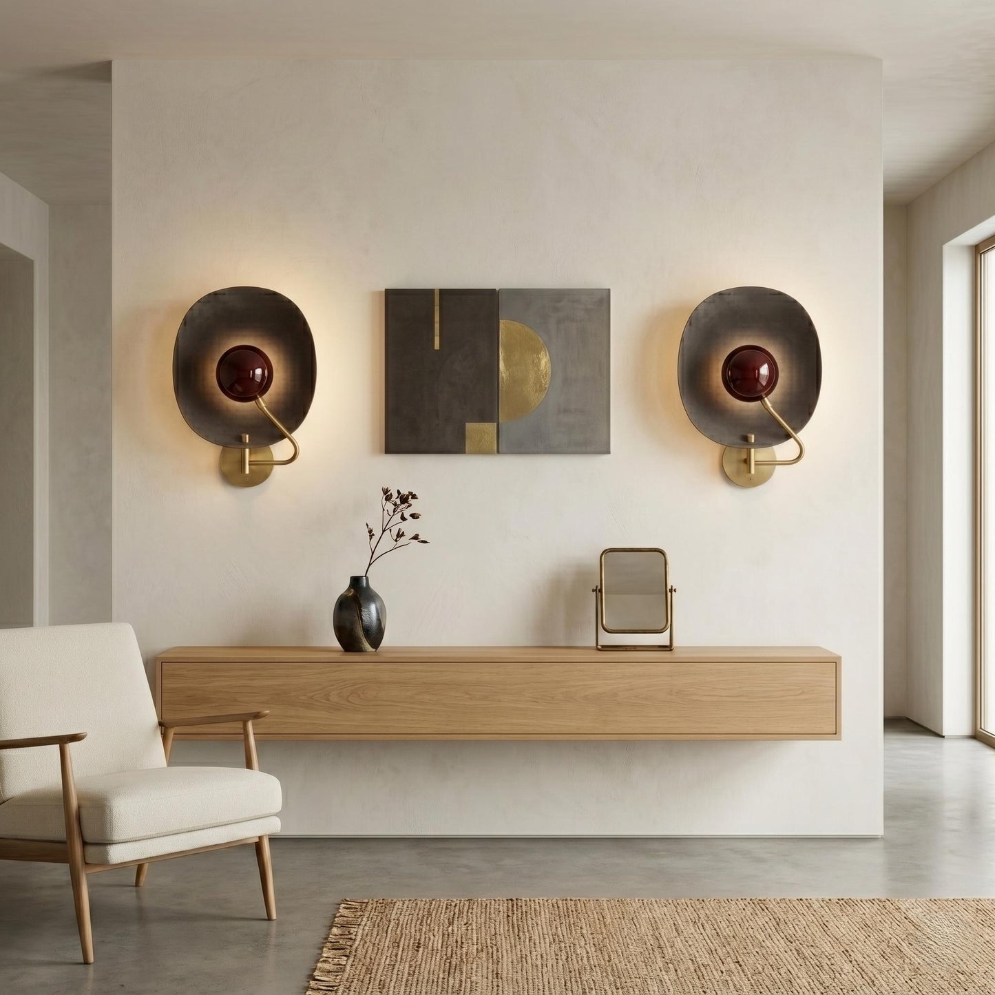 Brass Halo Sconce – Sculptural Mid-Century Modern Wall Light, Ambient Glow Lamp