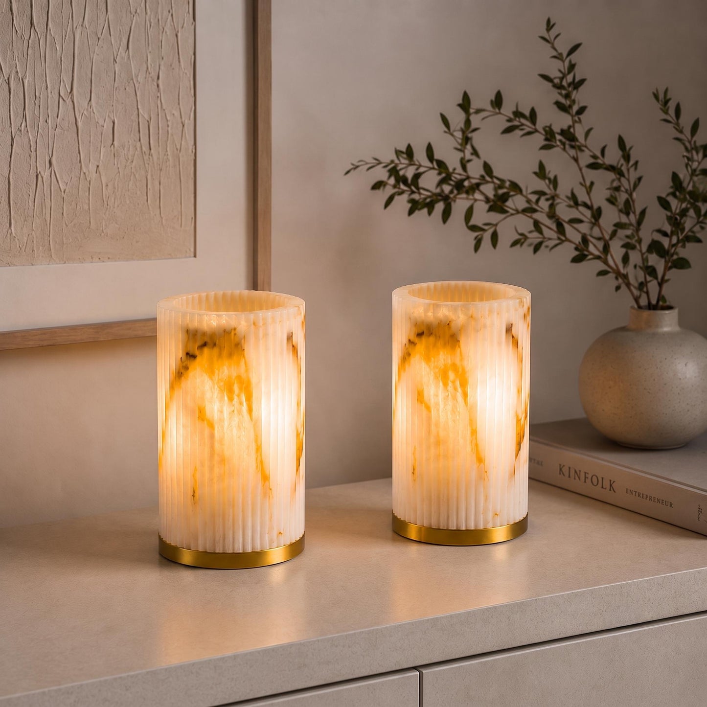 Modern Alabaster Table Lamp, Marble Effect Bedside Lamp, Ribbed Stone Accent Light, Brass Base, Minimal Home Decor