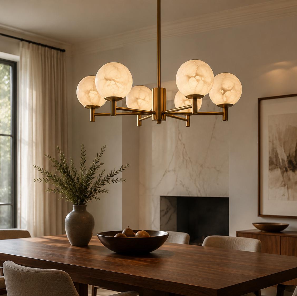 Alabaster Globe Chandelier, 6 Light Brass Ceiling Fixture, Modern Dining Room Lighting, Luxury Stone Chandelier