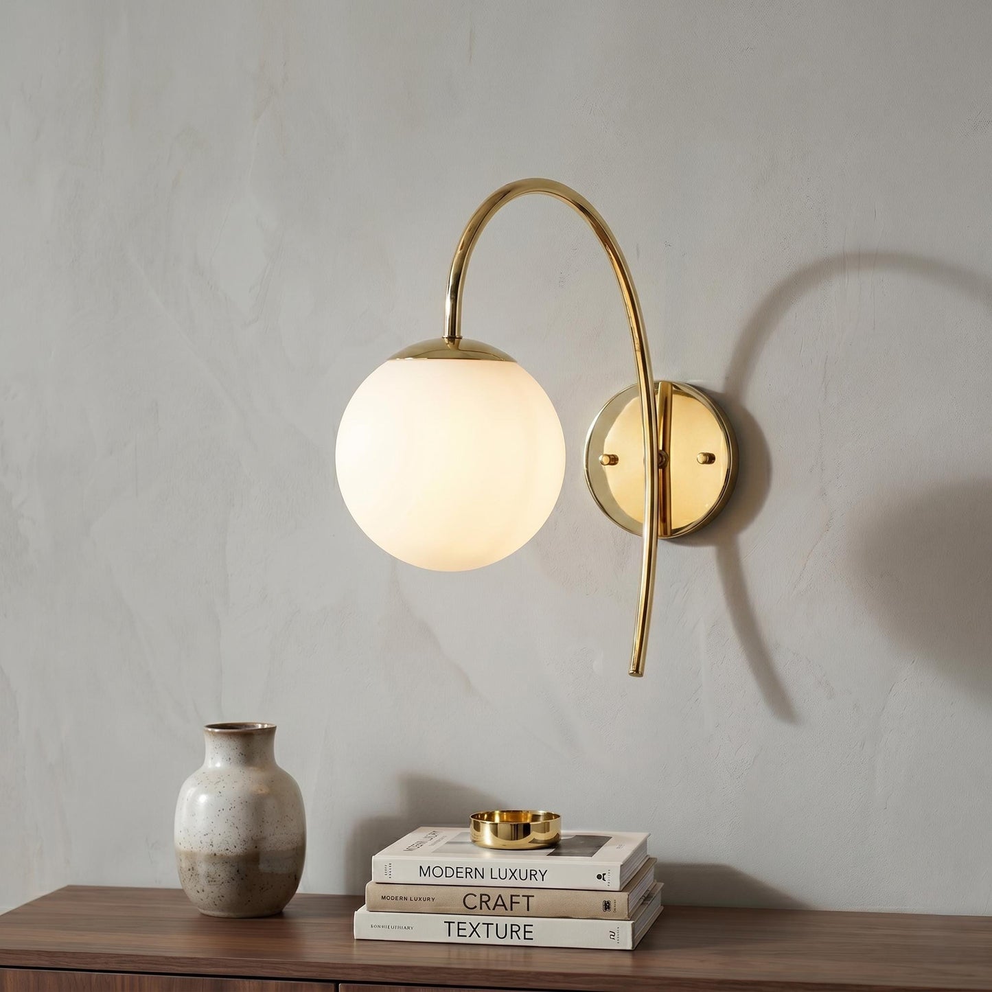 Arched Brass Wall Sconce, Opal Globe Light, Mid Century Arched Lamp, Bedside Lighting